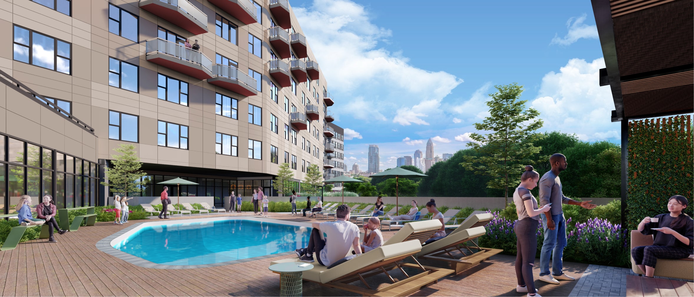 A pool deck with outdoor pool furniture with apartments to the left and a skyline view to the right and people everywhere